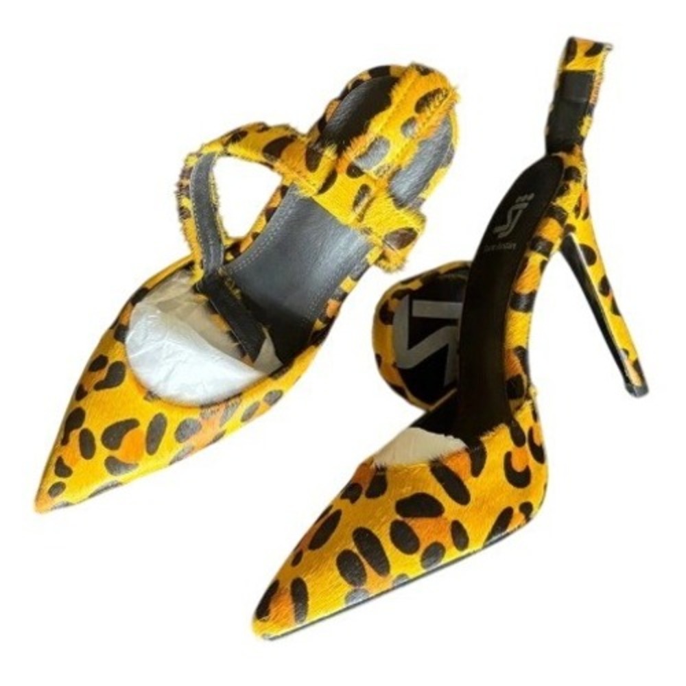Shane Justin Leopard Print Calf Hair Pointed Toe Stiletto Pumps Ankle Strap 6.5